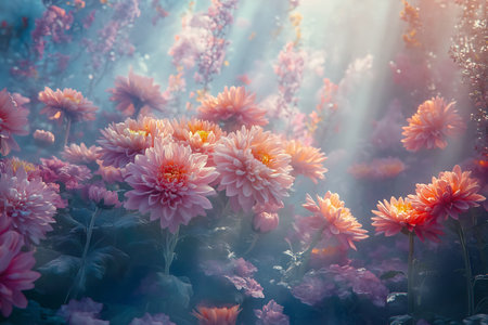 Colorful chrysanthemum flowers in the garden with sunlightの写真素材