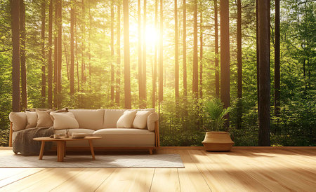 interior with sofa and coffee table in the forest. 3d renderの写真素材