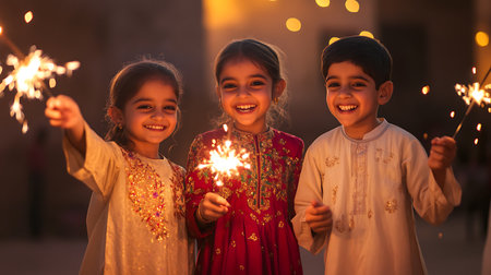 Group of kids holding sparklers in their hands and smiling at the cameraの写真素材