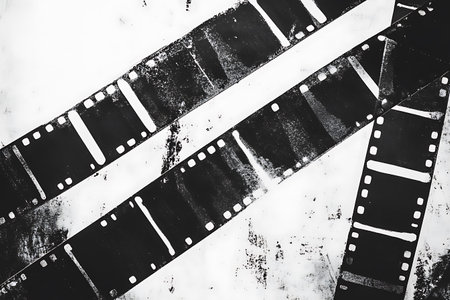 Old film strip on a white background. Black and white photo.の写真素材