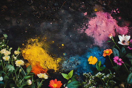 Top view of colorful holi powder and flowers on black background with copy spaceの写真素材