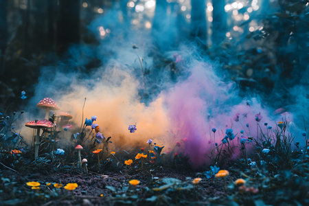 Amanita muscaria, fly agaric mushroom and colorful smoke in the forestの写真素材