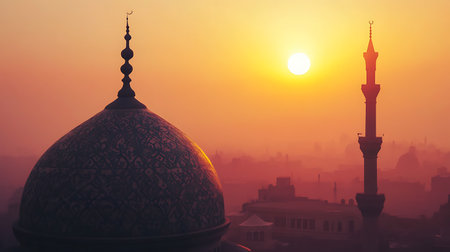 Silhouette of mosque at sunrise. Ramadan Kareem background.の素材