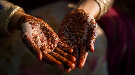 Hands of a bride and groom with henna on their handsの写真素材