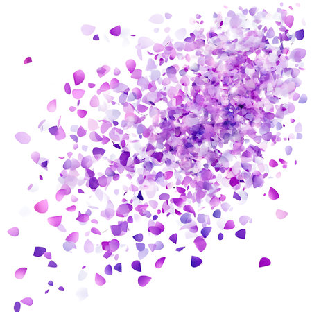 Purple confetti isolated on a white background. Flying petals.の写真素材