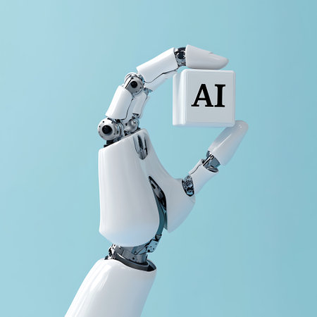 Robot hand holding artificial intelligence AI symbol on blue background. 3D renderingの写真素材