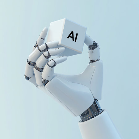 3d rendering robot hand with artificial intelligence AI symbol on blue backgroundの写真素材