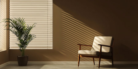 3d render of chair and plant in a room with blindsの素材