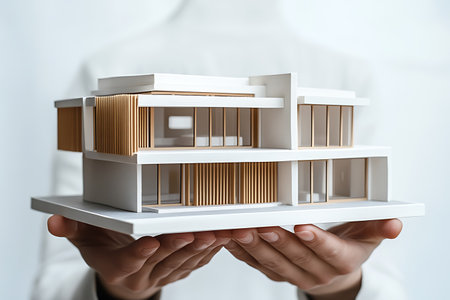 Real estate agent with model of house on light background, closeupの写真素材