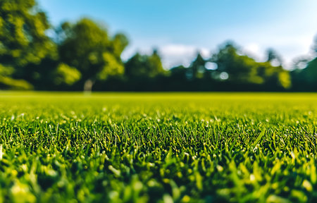 Close up of fresh green grass field with trees in background, shallow depth of fieldの写真素材
