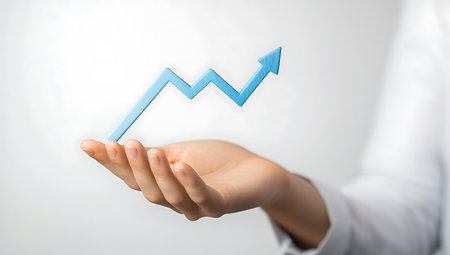 Close up of businesswoman hand holding growing graph. 3D renderingの写真素材