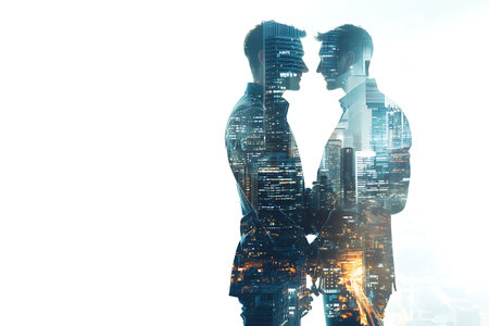 Silhouette of businessman and businesswoman on city background with copy space. Teamwork concept. Double exposureの写真素材