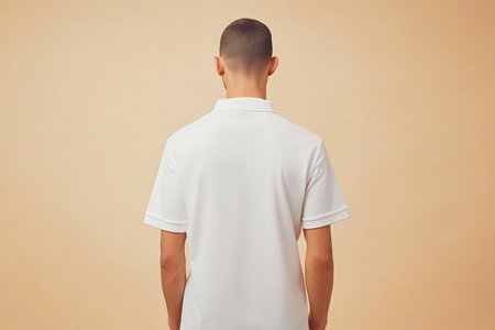 back view of man in white t-shirt on beige backgroundの写真素材
