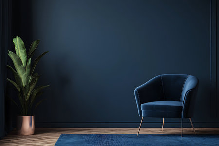 Blue living room interior with armchair and plant. 3d renderの写真素材