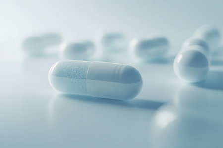 Close up of white pills on white background. Focus on foreground, soft bokeh.の写真素材