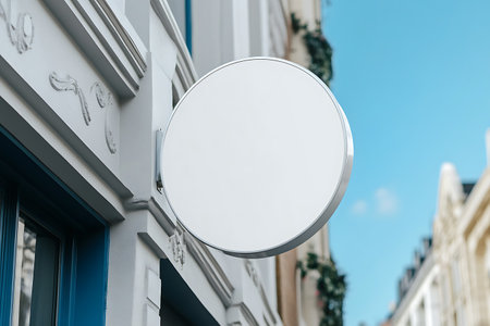 White round signboard on the wall of a shop. 3d renderingの写真素材