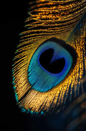 Peacock feather close up. Colorful peacock feather on black backgroundの写真素材