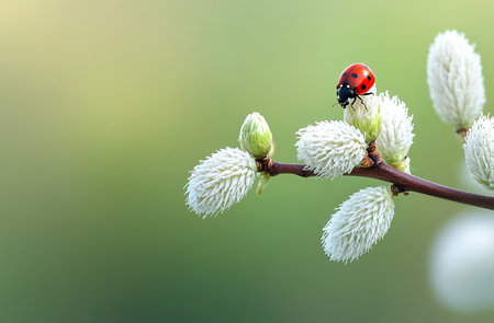 Ladybug on willow flower. Spring nature background with copy space.の写真素材