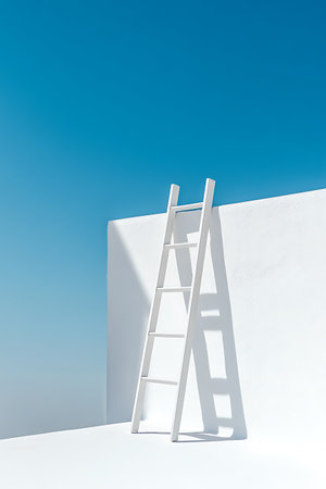 Ladder on the white wall and blue sky. 3D renderingの写真素材