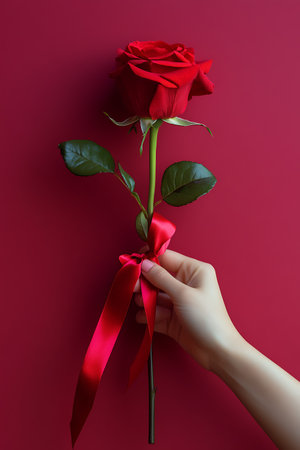 Female hand holding red rose with red ribbon on a red background.の写真素材