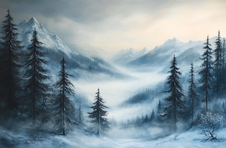 Foggy winter landscape with coniferous forest and snow covered mountainsの写真素材