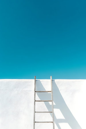 Ladder on the white wall with blue sky background, vacation conceptの写真素材