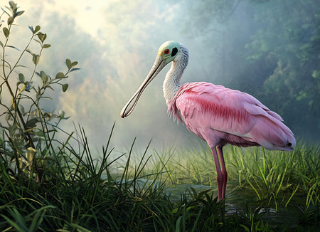 Roseate spoonbill in the morning mist, 3d render.の素材