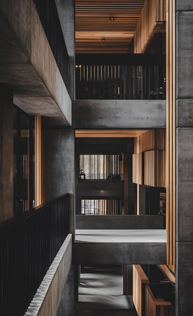 Interior of a modern office building with wooden and concrete walls.の写真素材