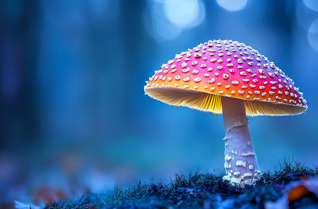 Amanita muscaria mushroom in autumn forest, macro photographyの写真素材