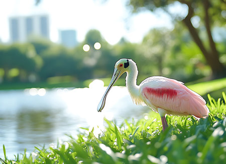 Roseate spoonbill in the park with bokeh background.の写真素材