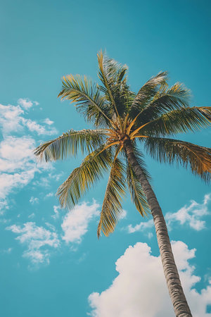 Coconut palm tree on blue sky background - vintage filter effectの写真素材