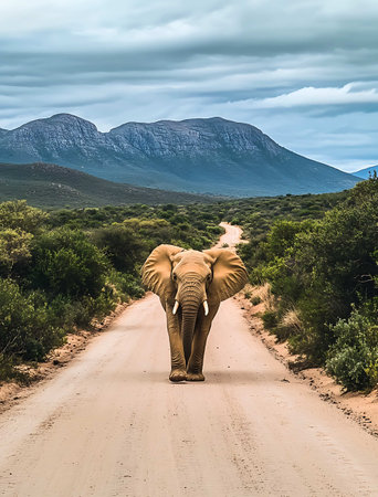 Elephant walking on a dirt road in the national park, South Africaの写真素材