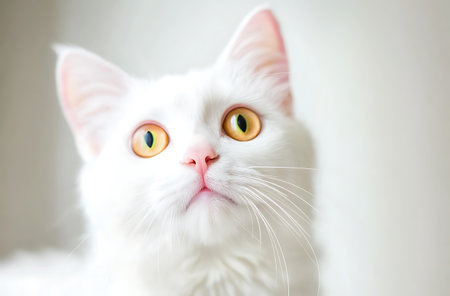 Portrait of a white cat with yellow eyes on a white backgroundの写真素材