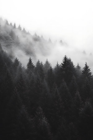 Foggy forest in the mountains. Black and white photo.の写真素材