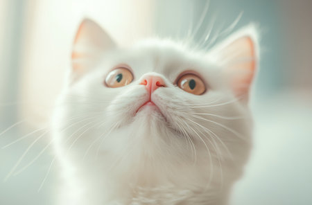 Cute white cat looking up at the camera. Shallow depth of fieldの写真素材