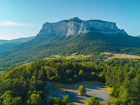 Aerial panoramic view of the famous Montserrat mountain in Catalonia, Spainの写真素材