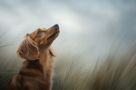Dachshund dog in a field of wheat on a cloudy dayの写真素材