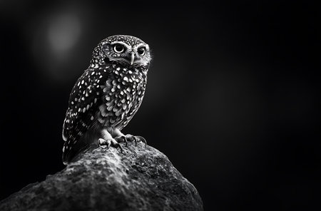 Little owl on a rock with a black background. Toned.の写真素材