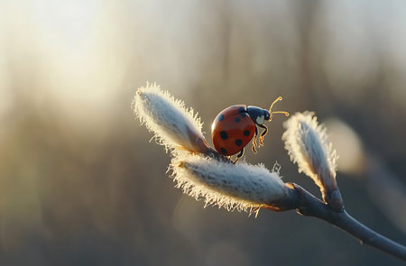 Ladybug on a willow twig in the rays of the setting sunの写真素材