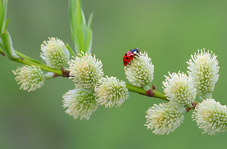 Ladybug on the willow blossom, closeup of photoの写真素材