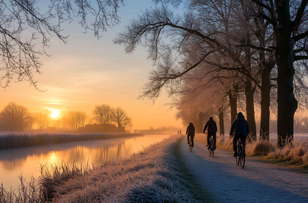 Cyclists on a path along a canal at sunrise in winterの写真素材