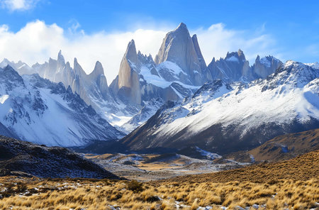 Patagonia landscape with snow-capped mountains in the backgroundの写真素材