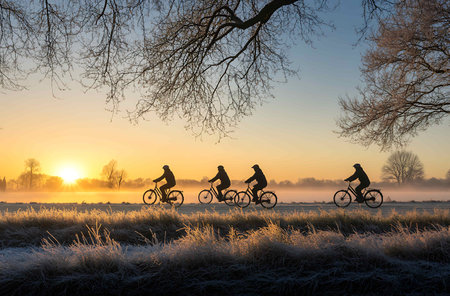 Silhouettes of people riding bicycles on a snowy meadow at sunsetの写真素材