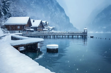 Beautiful winter landscape of Hallstatt lake with wooden pier, Austriaの写真素材