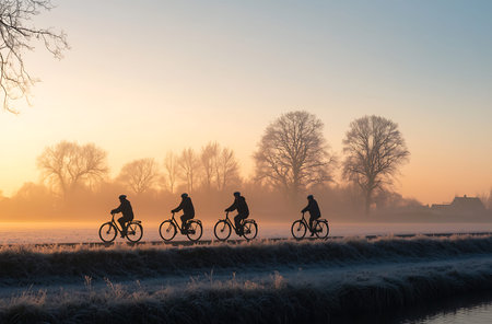Silhouettes of cyclists on the road in the Netherlands at sunriseの写真素材