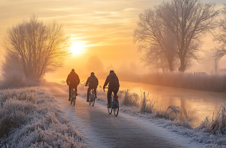 Cyclists on the road along the canal at sunrise in winterの写真素材