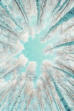 Frozen winter forest with snow covered trees. View from above.の写真素材
