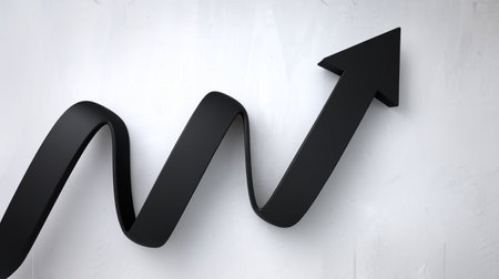 Black arrow pointing up on white wall. 3D rendering illustration.の写真素材