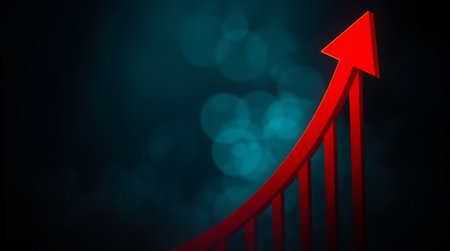 red arrow graph on dark background with bokeh. 3d renderingの写真素材