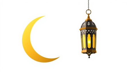 Lantern with crescent moon on white background. Ramadan Kareem.の写真素材